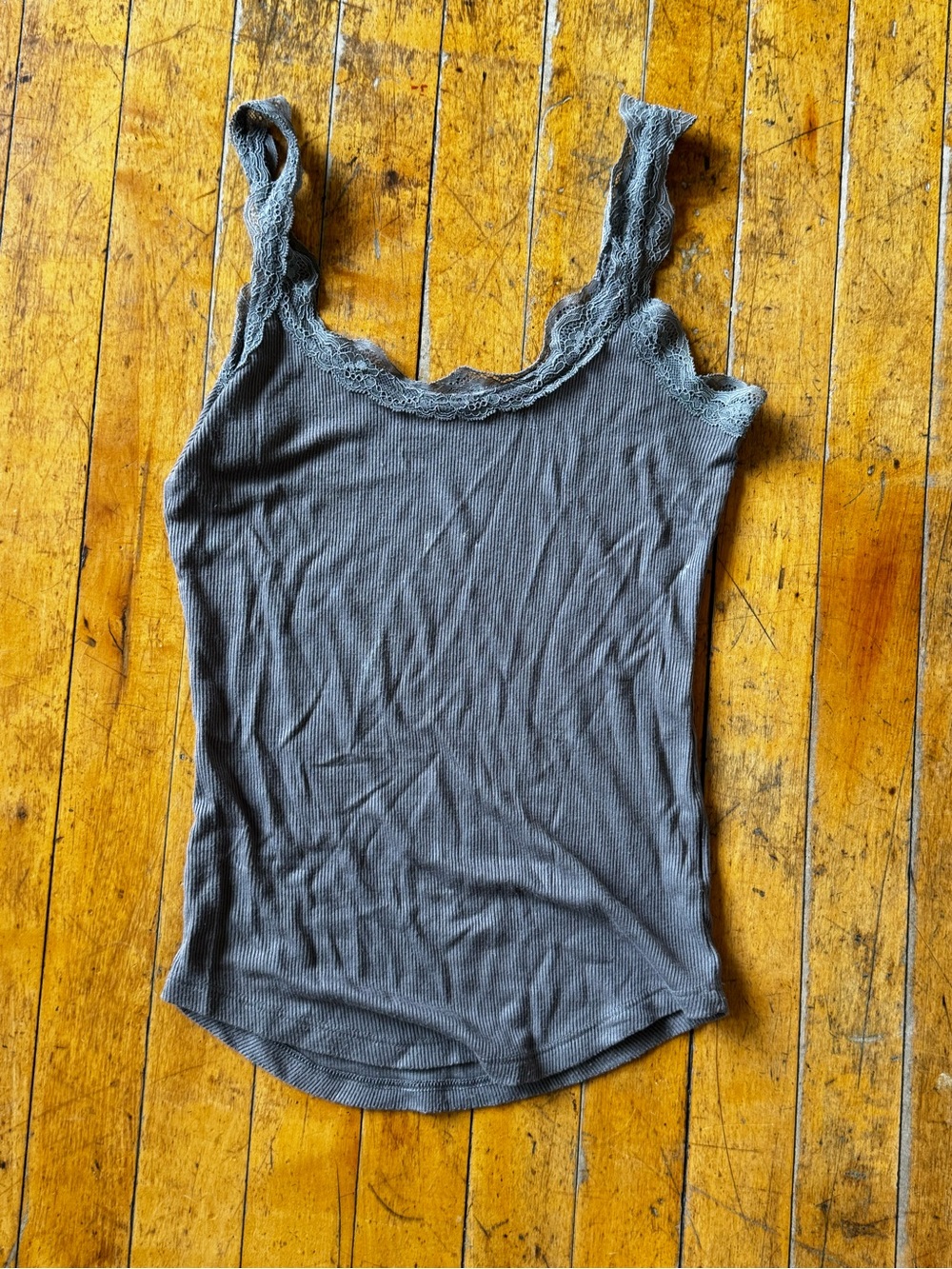 Lace-Trim Ribbed Tank Top - Gray - Picture 2 of 5